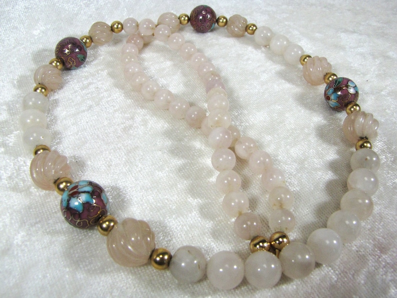 Gorgeous Rose Quartz Beaded Necklace, Carved Crystal Pink Gem Stone And Cloisonné Beads, Unique Gift For Her, Wife. Girlfriend, Sister image 2