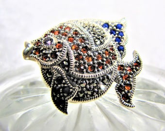 Delightful Fish Lapel Brooch Pin, Sterling Silver Fish Jewelry, Crystal Garnet, Tanzanite, Marcasite & Amethyst, Gift For Her By Judith Jack