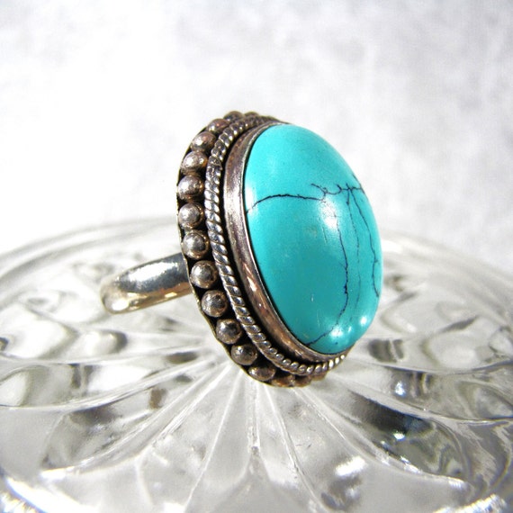 Astounding Oval Blue Turquoise Ring Natural Black… - image 5