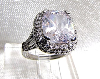 Sterling Silver Rock Crystal Gemstone Cocktail Ring, Engagement, Wedding, Anniversary. Emerald Cut Statement Solitaire, Size 4.75