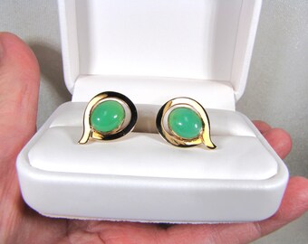 Boutons De Manchette Vintage Années 70 - Or Et Vert, Marqués "S" Dans Un Bouclier