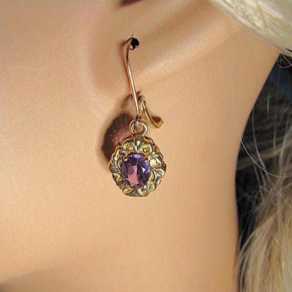 14K Solid Gold Amethyst Dangle Drop Earrings for … - image 2