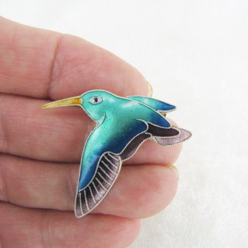 Vintage Blue /& Lavender Enamel Pin In Sterling Silver Scandinavian Jewelry Bird Lapel Pin Brooch Pin Small Hummingbird Brooch