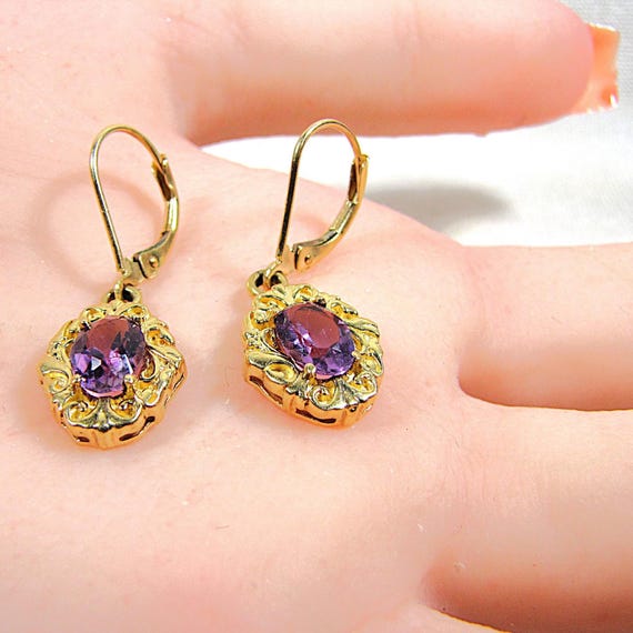 14K Solid Gold Amethyst Dangle Drop Earrings for … - image 5