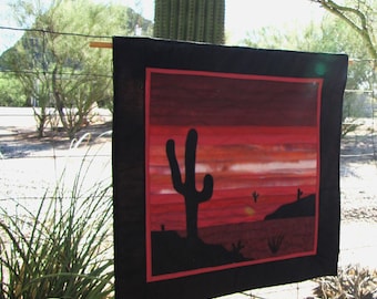 Southwestern Completed Finished Quilt Wall Hanging Quilted Cactus Sunset In Purples and Pinks Native American Desert Gift