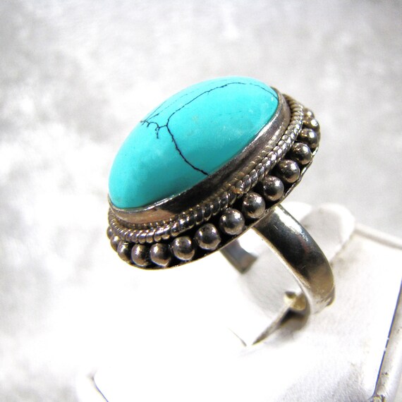 Astounding Oval Blue Turquoise Ring Natural Black… - image 8