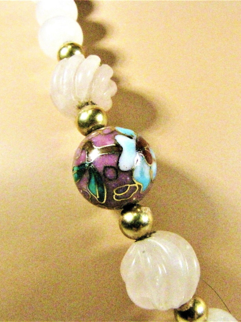 Gorgeous Rose Quartz Beaded Necklace, Carved Crystal Pink Gem Stone And Cloisonné Beads, Unique Gift For Her, Wife. Girlfriend, Sister image 3