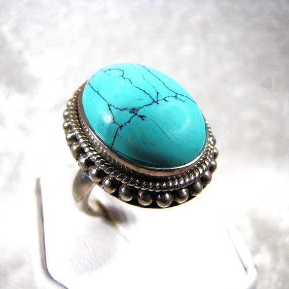 Astounding Oval Blue Turquoise Ring Natural Black… - image 2