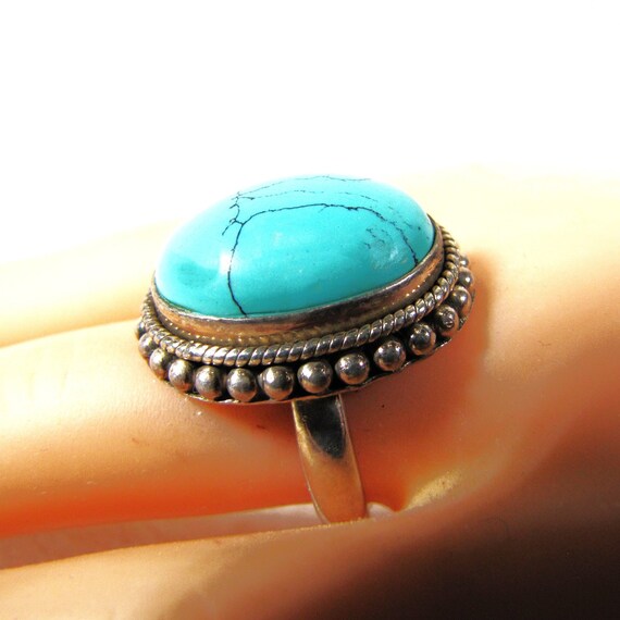 Astounding Oval Blue Turquoise Ring Natural Black… - image 1