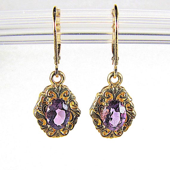 14K Solid Gold Amethyst Dangle Drop Earrings for … - image 1