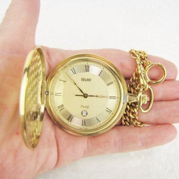 Vintage Men's Gold Plated Pocket Watch & Chain, G… - image 3