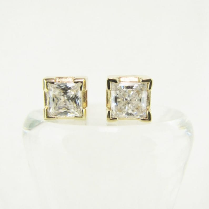 14K Solid Gold Stud Earrings, Bridal Crystal Studs, CZ, Cubic Zirconia ...