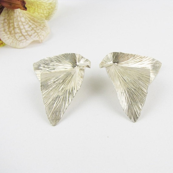 Statement Sterling Silver Leaf Earrings, Signed D… - image 1