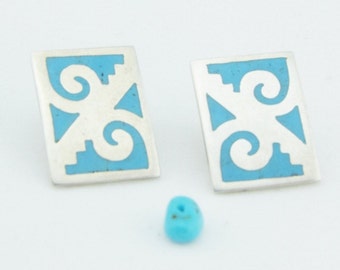 Geometrische vintage sterlingzilveren turkoois ingelegde oorbellen, unieke sieraden, alledaags of verkleed vierkante blauwe stenen palen, cadeau voor haar