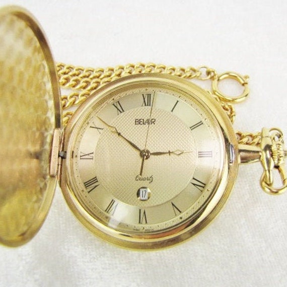 Vintage Men's Gold Plated Pocket Watch & Chain, G… - image 2