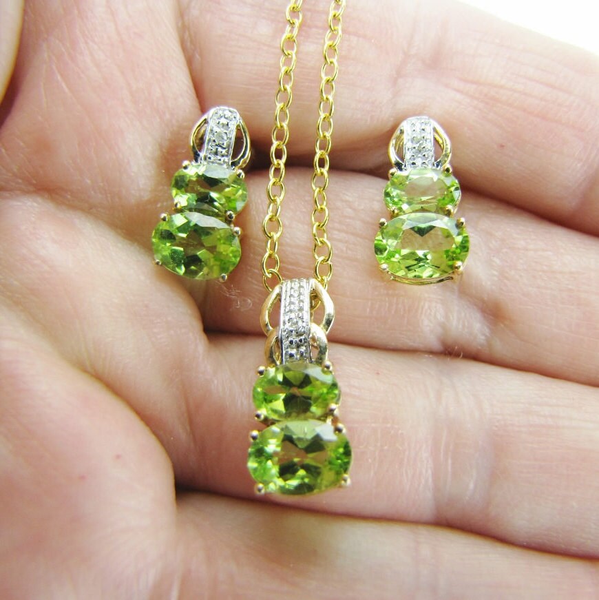 Peridot Necklace Earring Set With Diamond Accents Green Etsy