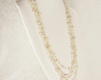 Long Boho Pearl Necklace, 5 Strands of Freshwater Pearl Beads, Pale Pink & White Miltistrand Necklace, Gifts For Her, Wife, Mom, Girlfriend