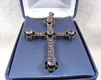 Cross Necklace with Amethyst in Sterling Silver and Marcasite, Handmade Religious Jewelry
