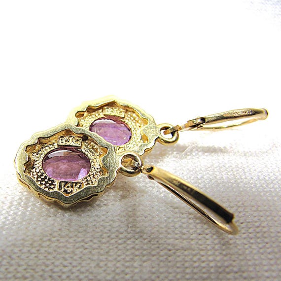 14K Solid Gold Amethyst Dangle Drop Earrings for … - image 8