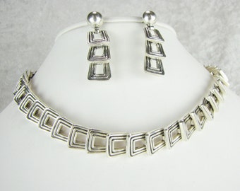 Statement Sterling Silver Chain Link Choker Necklace Set, Unique Geometric Collar Necklace, Los Castillo, Mothers Day Gift For Her
