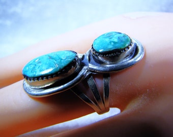 Amazing Two Stone Turquoise & Sterling Silver Navajo Ring, Boho Long Rustic Ring By Margaret Sam, Size 6.5, Gift For Her