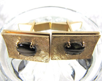 Elegant Mens Luxury Art Deco Cufflinks, Square 14K Solid Gold With Brown Cats Eye Gemstones, For Wedding, Formal Events, Executives