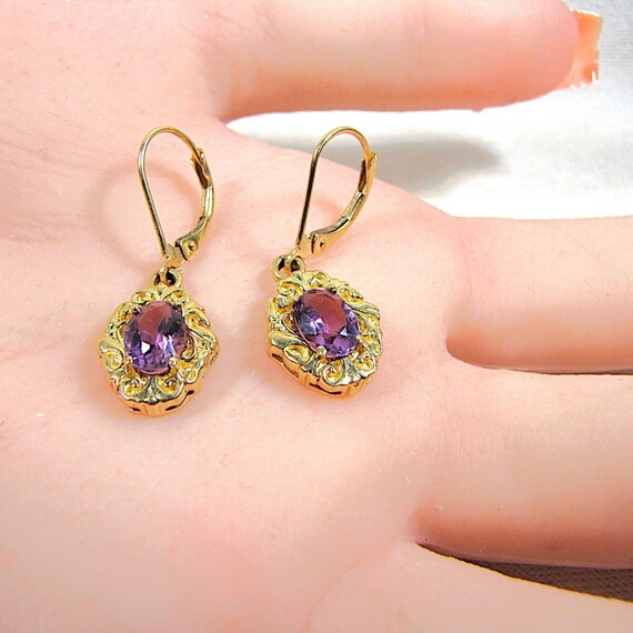 14K Solid Gold Amethyst Dangle Drop Earrings for … - image 3