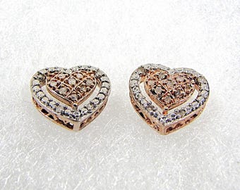 Precious Pave Diamond Double Heart Stud Earrings in Rose Gold Over Sterling