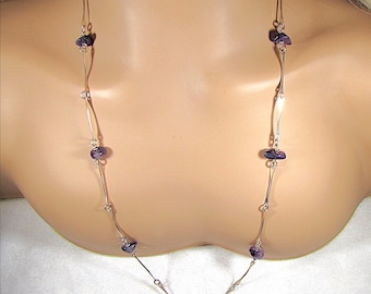 Sterling Silver Amethyst Station Necklace, Boho Rustic Hammered Links