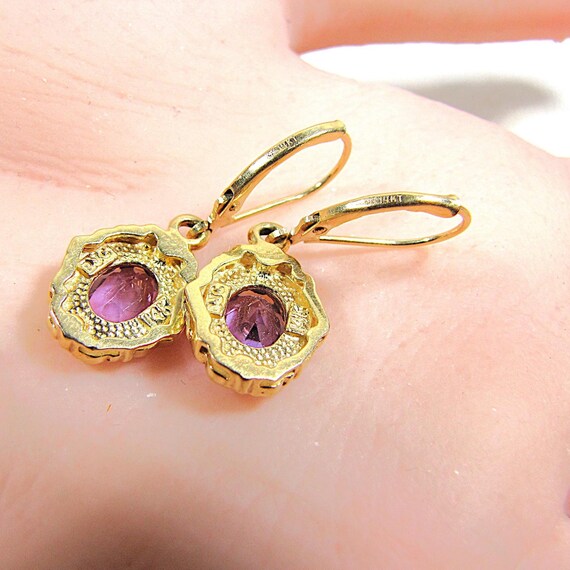 14K Solid Gold Amethyst Dangle Drop Earrings for … - image 6