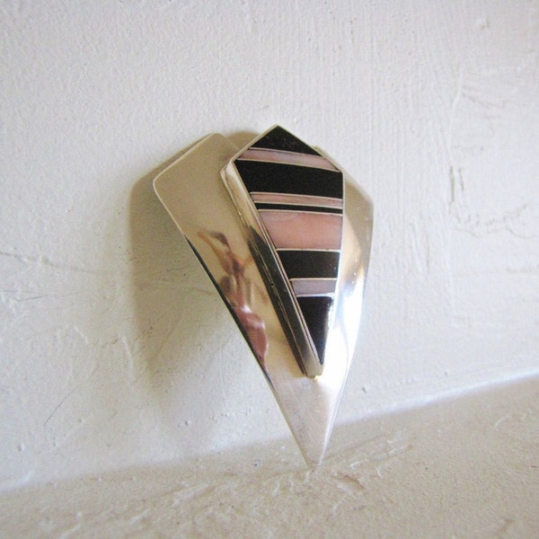 Unique Vintage Geometric Zuni Artisan Brooch, Large Sterling Silver Triangle Shield Pin, Tribal Inlaid Stone Modern Brooch By Knifewing