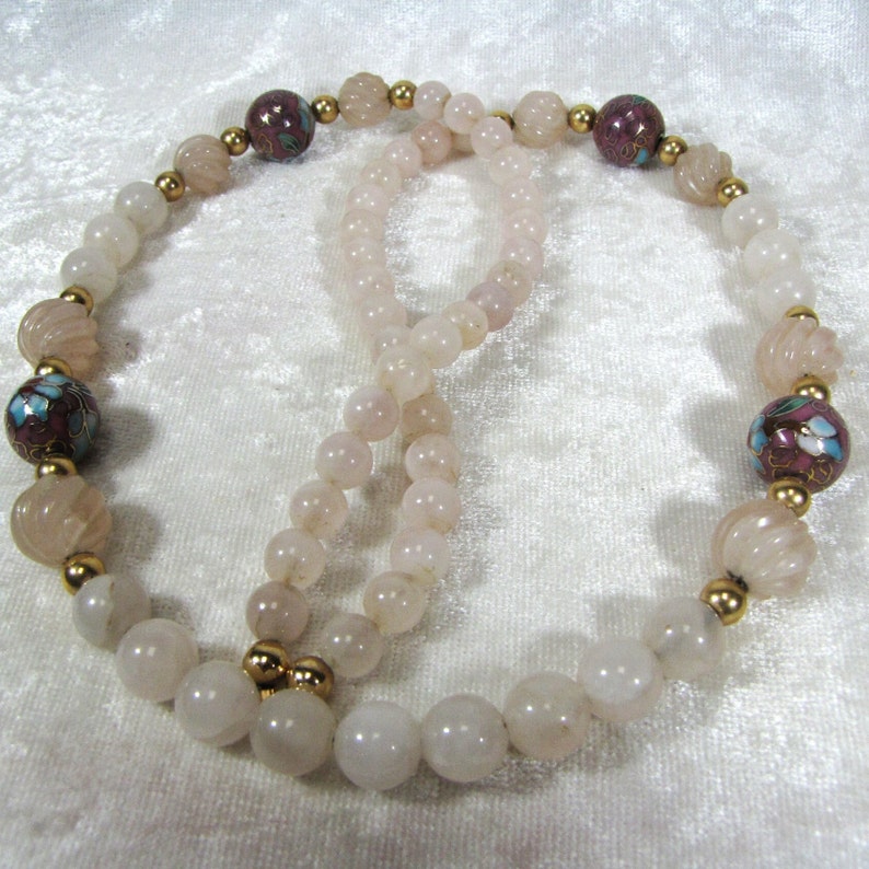 Gorgeous Rose Quartz Beaded Necklace, Carved Crystal Pink Gem Stone And Cloisonné Beads, Unique Gift For Her, Wife. Girlfriend, Sister image 5