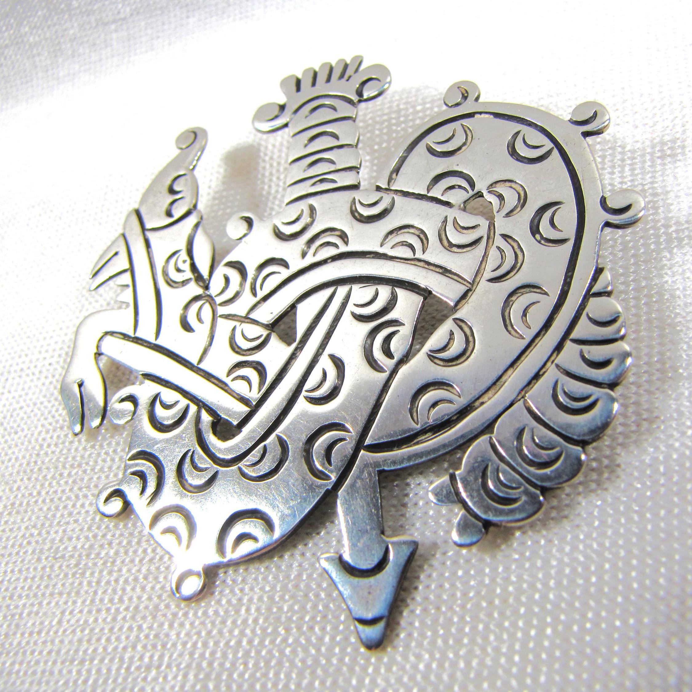 Sterling Silver Brooch, Aztec Pin, Snake Serpent Fantasy Mystical ...