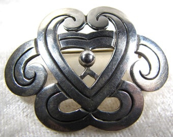 Delightful Sterling Silver Art Deco Brooch, Los Castillo, Unique Heart Pin, Love Gift For Her, Wife Mom Girlfriend You