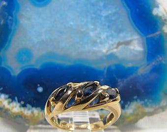 Anillo de oro de 10 quilates y zafiro azul, solitario de 3 piedras azules, joyería antigua, talla 5.0