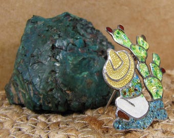 Sterling Silver Enamel Cactus Brooch: Jeronimo Fuentes Western Pin, Vintage Taxco