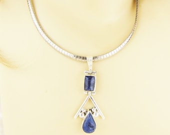 Sterling Silver Lapis Lazuli Statement Pendant Necklace,  Boho Choker Necklace, Unique Blue Stone Geometric Choker, Gift For Her