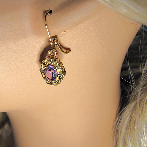 14K Solid Gold Amethyst Dangle Drop Earrings for … - image 7