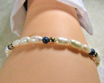 Dainty Pearl Bead Lapis & 14K Gold Bracelet, Delicate White Freshwater Pearl, Lapis, Gold Bead Bracelet,  Christmas Gift For Her