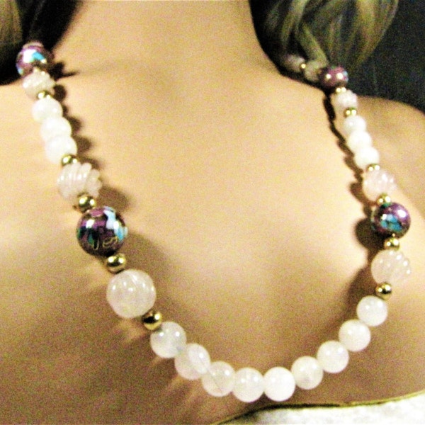 Gorgeous Rose Quartz Beaded Necklace, Carved Crystal Pink Gem Stone And Cloisonné Beads, Unique Gift For Her, Wife. Girlfriend, Sister