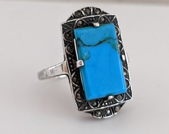 Vintage Art Deco Faux Turquoise with Marcasite Sterling Silver Ring // Lovely Art Deco Design