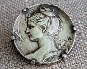 Antique Art Nouveau French Silver Artemis/Diana Brooch // Repoussé Silver // Goddess Jewelry // Louis Armand Rault