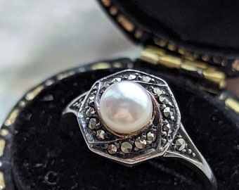 Vintage Art Deco Pearl and Marcasite Sterling Silver Ring // Dainty  // 1930s Ring