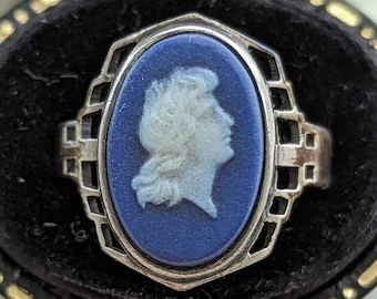 Antique Arts & Crafts Wedgwood Sterling Silver Ring // Classical Figure // Deep Blue Wedgwood // JasperWare Cameo Ring