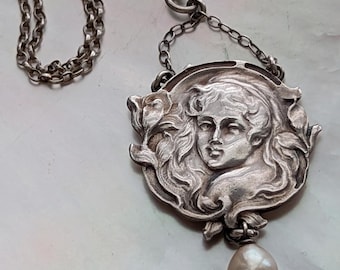 Antique Art Nouveau/Jugendstil 935 & Sterling Silver Necklace // Figural Design of Young Woman // Natural Pearl
