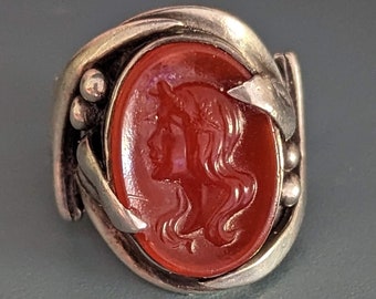 Vintage Sterling Silver and Pressed Glass Cameo Ring // Goddess Demeter // Fantastic Arts & Crafts Style // Carnelian Glass Cameo