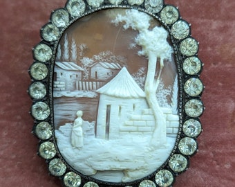 Antique Cameo Brooch // Cameo & Paste in Solid Silver // Gorgeous Scenic Cameo // Rebecca at the Well // Country Scene with Woman at Well