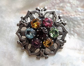 Antique Victorian/Art Nouveau Sterling Silver Harlequin Brooch // Colorful Glass Stones // Ornate Silver Setting