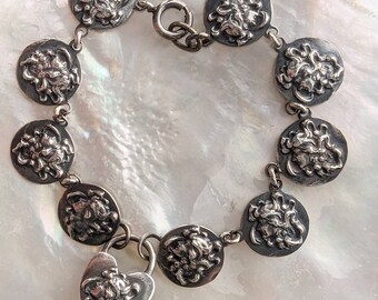 Antique Art Nouveau Sterling Silver Padlock Bracelet // Figural Design of Woman with Peacock // Heart Shaped Padlock // Fabulous!