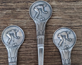 Vintage Art Deco 1937 Sterling Silver Boules Player Spoons // Full British Hallmarks // Set of Three // Sporting Novelty Spoons